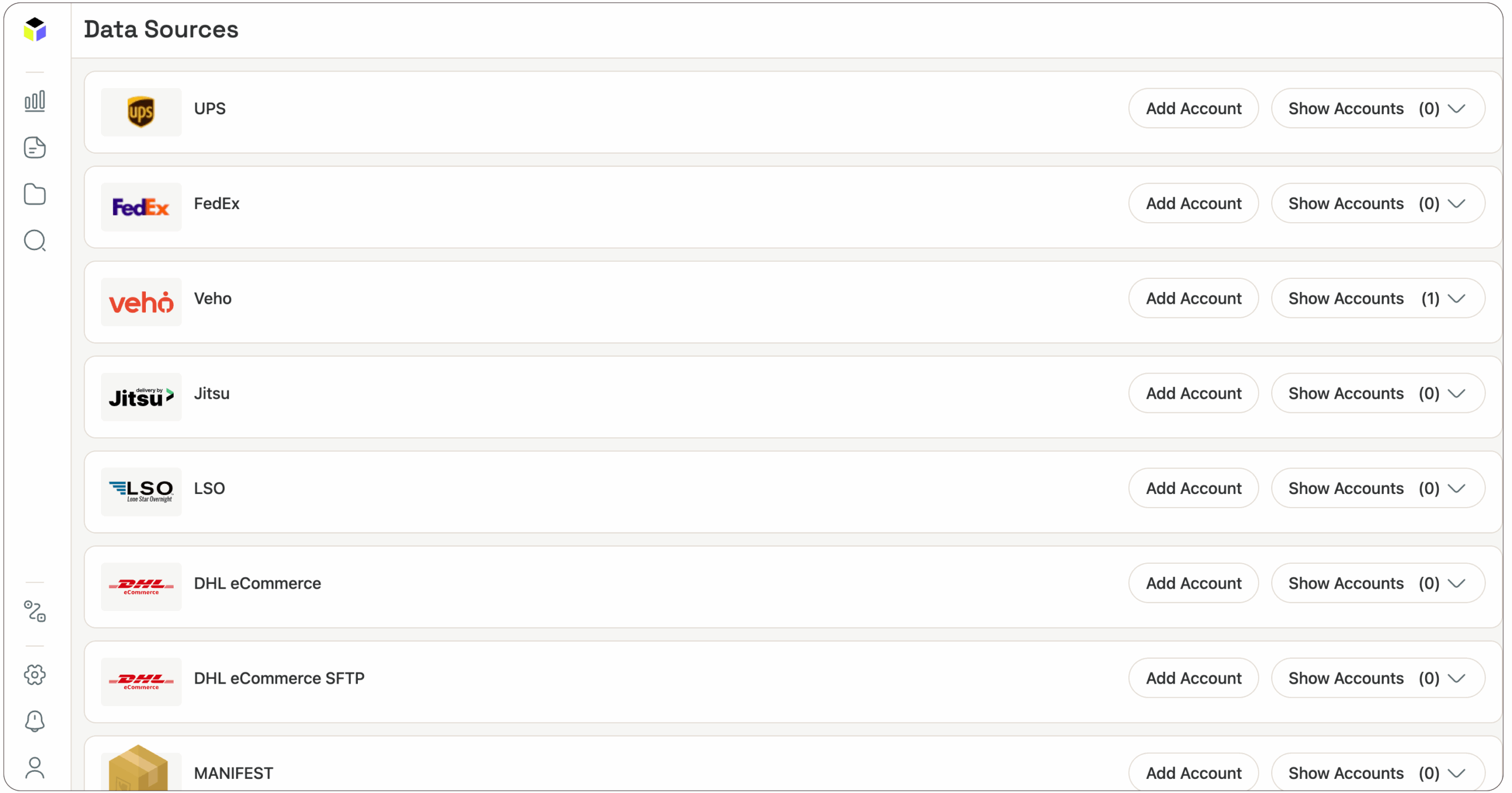 A webpage section titled Data Sources lists various shipping companies like UPS, FedEx, Veho, Jitsu, LSO, DHL eCommerce, and MANIFEST, each with Add Account and Show Accounts buttons beside them.
