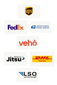 A collage of seven delivery service logos: UPS, FedEx, USPS, Veho, Jitsu, DHL Express, and LSO (Lone Star Overnight), arranged in a vertical layout.
