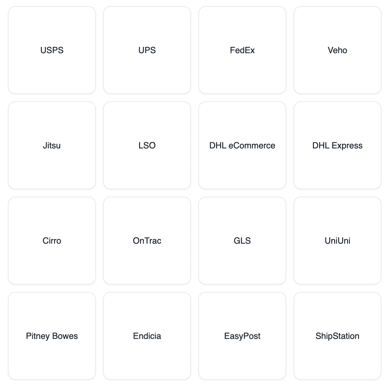 A 4x4 grid displays logos of shipping and logistics companies, including USPS, UPS, FedEx, Veho, Jitsu, LSO, DHL eCommerce, DHL Express, Cirro, OnTrac, GLS, UniUni, Pitney Bowes, Endicia, EasyPost, and ShipStation.