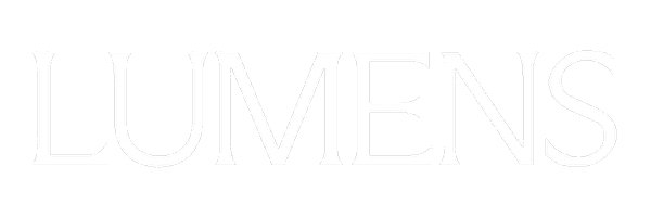 Large white text on a light gray background spells the word “LUMENS” in all capital letters with a thin, elegant font.