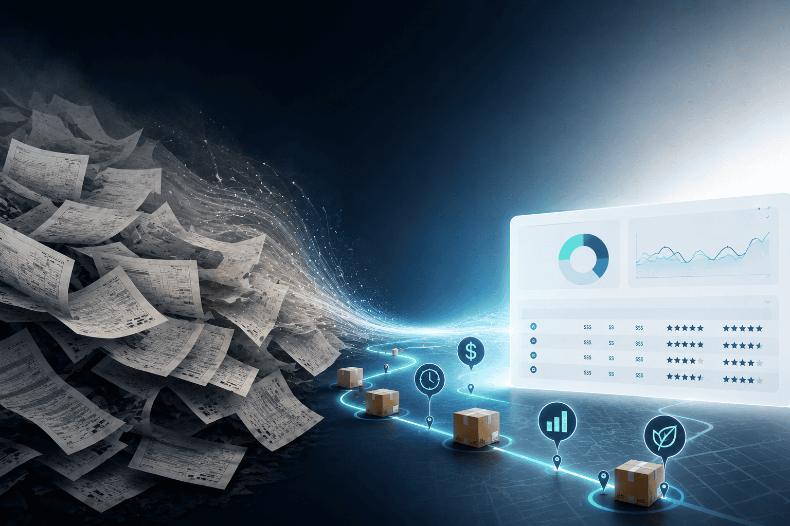 A digital illustration showing a pile of receipts on the left transforming into organized data, charts, and icons representing financial growth, automation, and sustainability—highlighting the power of RFP software as boxes travel along a glowing path between them.