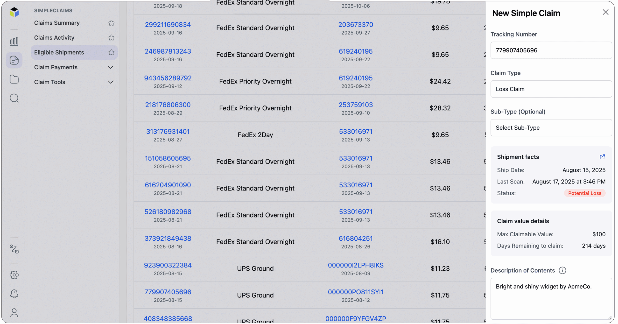A computer screen shows a claims management dashboard with a list of shipments, each with tracking numbers and shipment types. On the right, a form titled New Simple Claim displays shipment details for claim submission.