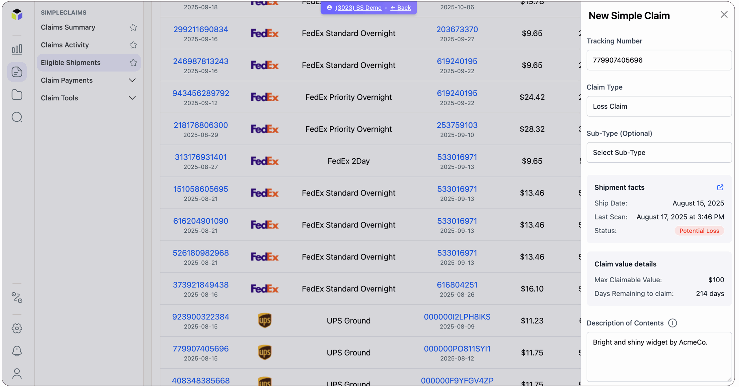 Screenshot of a claims management dashboard showing a list of shipments from FedEx and UPS on the left, and a “New Simple Claim” form for entering claim details on the right.
