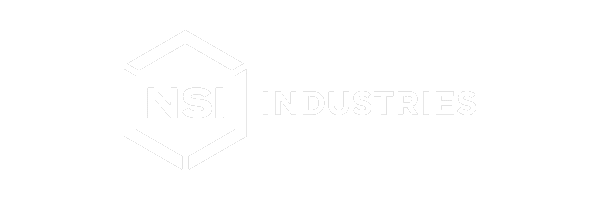 Logo for NSI Industries featuring the letters NSI inside a hexagon outline, with the word INDUSTRIES in uppercase letters to the right of the hexagon, all in a white, minimalist style.