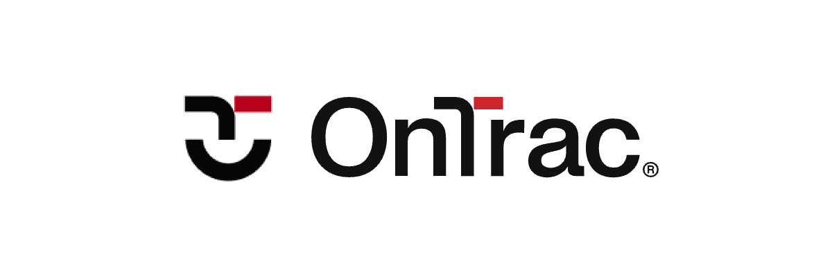The OnTrac logo features a black and red geometric design to the left, followed by the word OnTrac in black text, with a red accent over the letter T, all on a white background.