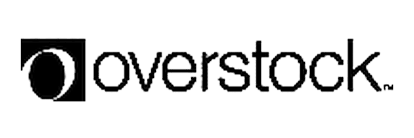 The image shows the Overstock logo, featuring a black circle with a white curve on the left, followed by the word overstock in lowercase black letters.