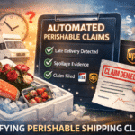 A graphic illustrates automated perishable shipment claim detection, featuring icons for late delivery, spoilage evidence, and claim filing. Perishables like salmon, strawberries, and roses are shown with UPS and FedEx logos; a claim denied form is held in one hand.