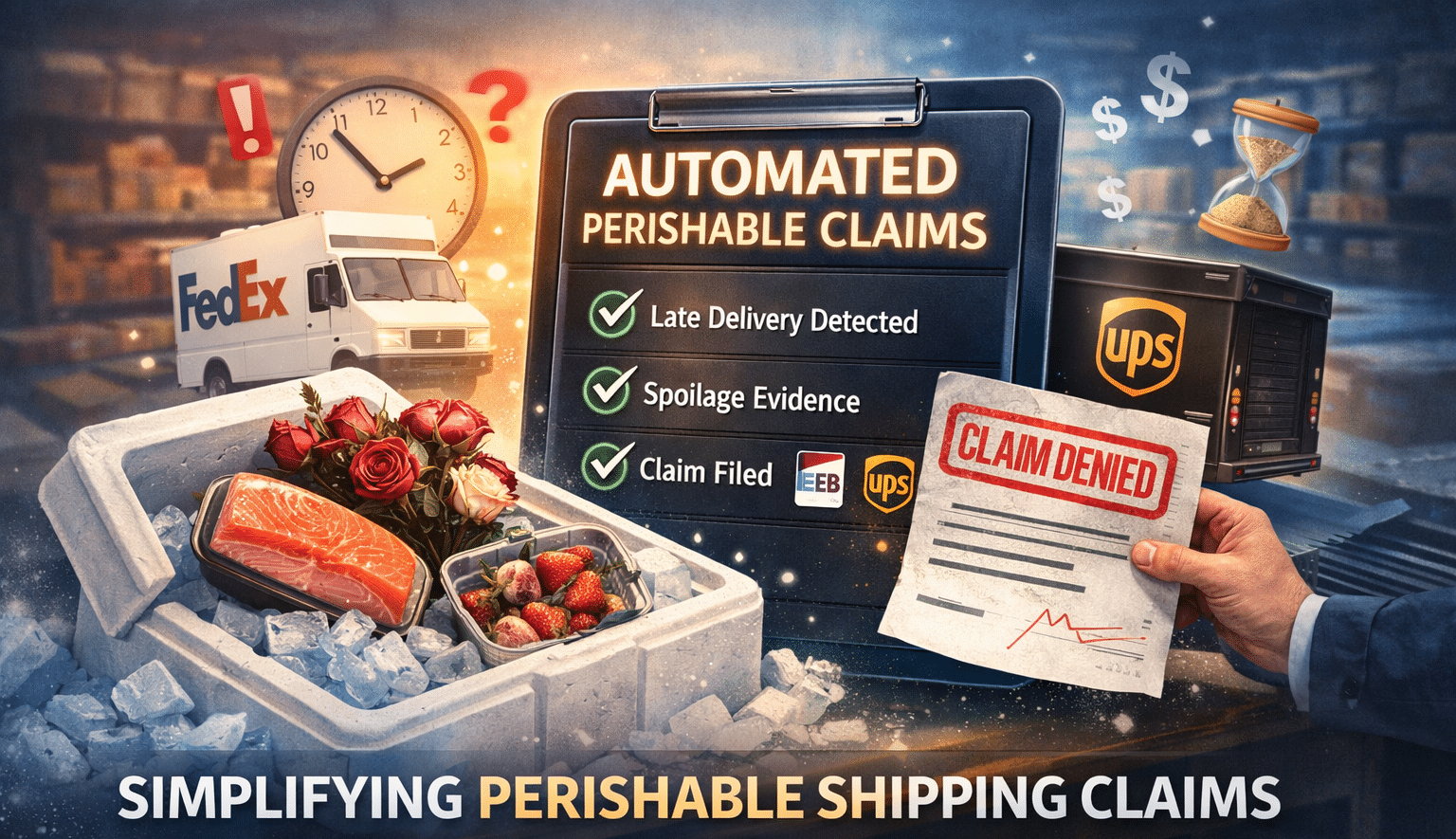 A graphic illustrates automated perishable shipment claim detection, featuring icons for late delivery, spoilage evidence, and claim filing. Perishables like salmon, strawberries, and roses are shown with UPS and FedEx logos; a claim denied form is held in one hand.