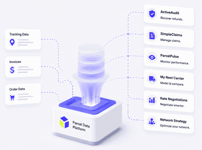 Diagram showing a Parcel Data Platform collecting tracking data, invoices, and order data, then outputting features like audits, claims, performance, carrier choice, rate negotiations, and network strategy.