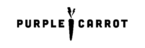 The logo for Purple Carrot features the words “PURPLE CARROT” in bold black letters, with a carrot graphic replacing the letter I and two lightning bolt shapes above the carrot.