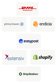 A collection of seven shipping and e commerce company logos: DHL eCommerce, pitney bowes, endicia, easypost, extensiv, Shopify, and ShipStation, arranged in a grid on a white background.