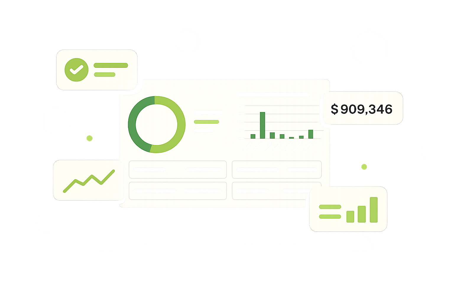 A digital dashboard with green themed graphs, a pie chart, bar charts, a line chart, a checkmark icon, and a number display showing $909,346, representing data analysis and financial metrics.