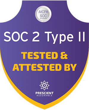 A purple and gold shield shaped badge featuring the text SOC 2 Type II TESTED & ATTESTED BY PRESCIENT ASSURANCE, highlighting ShipScience’s certification, with an AICPA SOC logo at the top.