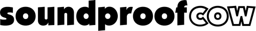 The image shows the text soundproofCOW in bold, black letters. The word COW is in uppercase, with the O featuring a smaller circle inside to resemble a cows eye.
