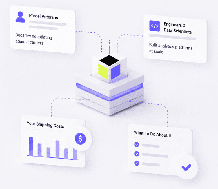 A 3D cube at the center connects to four sections: Parcel Veterans, Engineers & Data Scientists, Your Shipping Costs with a bar chart, and What To Do About It with a checklist icon.