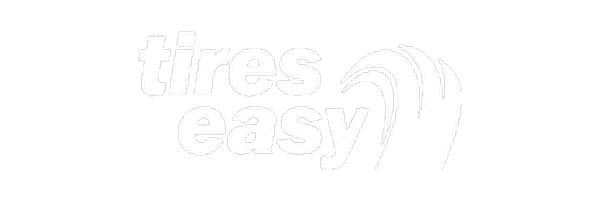 White logo with the words tires easy in lowercase letters, next to a stylized graphic resembling a tire tread or wheel in motion, all on a light gray background.