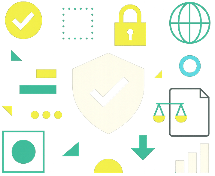A collection of flat, colorful icons including a shield with a checkmark, padlock, globe, scales, document, bar chart, arrows, dots, and geometric shapes, all on a light background.