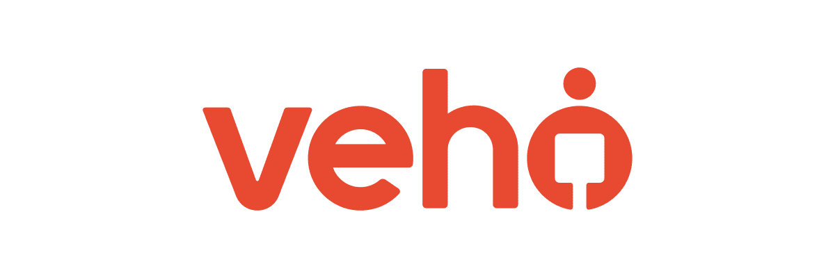 The image shows the Veho logo, with the word veho in bold, lowercase, red orange letters on a white background. The o has a distinctive dot above it, giving it a unique look.