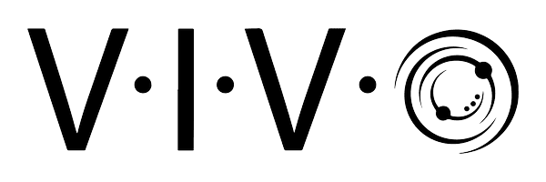 The image shows the word VIVO in bold black letters, with dots between each letter. The O is stylized as a swirling circular design with small dots inside.
