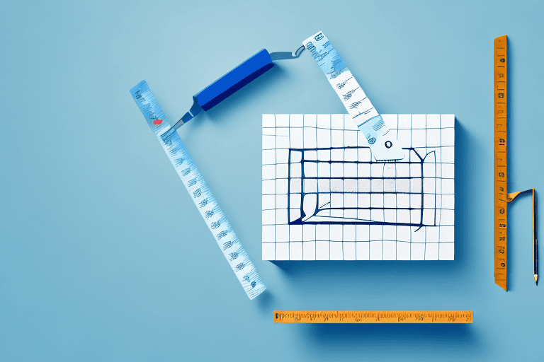 How to Measure Box Dimensions: A Step-by-Step Guide A 3D geometric drawing of a room on graph paper, complete with tools like a tape measure and protractor, perfectly illustrates the box dimensions. All set against a crisp blue background, this setup serves as an ideal step-by-step guide for precise measurements.