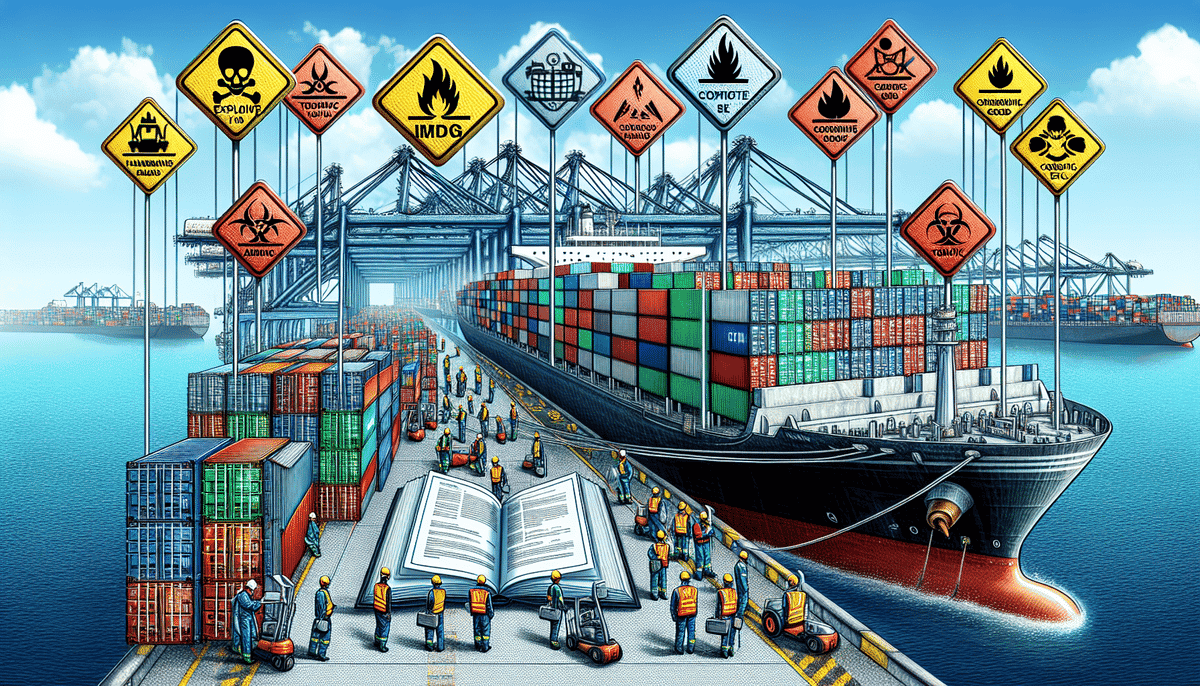 Understanding IMDG: An Introduction to International Maritime Dangerous Goods Illustration of a bustling seaport with a large container ship and numerous workers. The scene features various hazard signs above, such as explosive, flammable, and toxic, emphasizing maritime safety. An open book on the IMDG Code is seen on the dock.