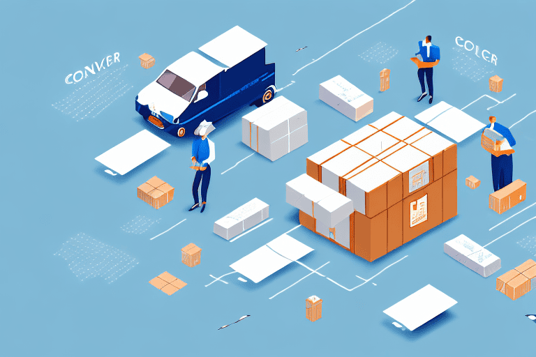 Experience the Benefits of Local Courier Delivery Service Illustration of a courier delivery process: a van, two people with packages, and various boxes on a blue background with lines indicating movement. Labeled CONVEY and COLDER, it captures the essence of local logistics and shipment management service.
