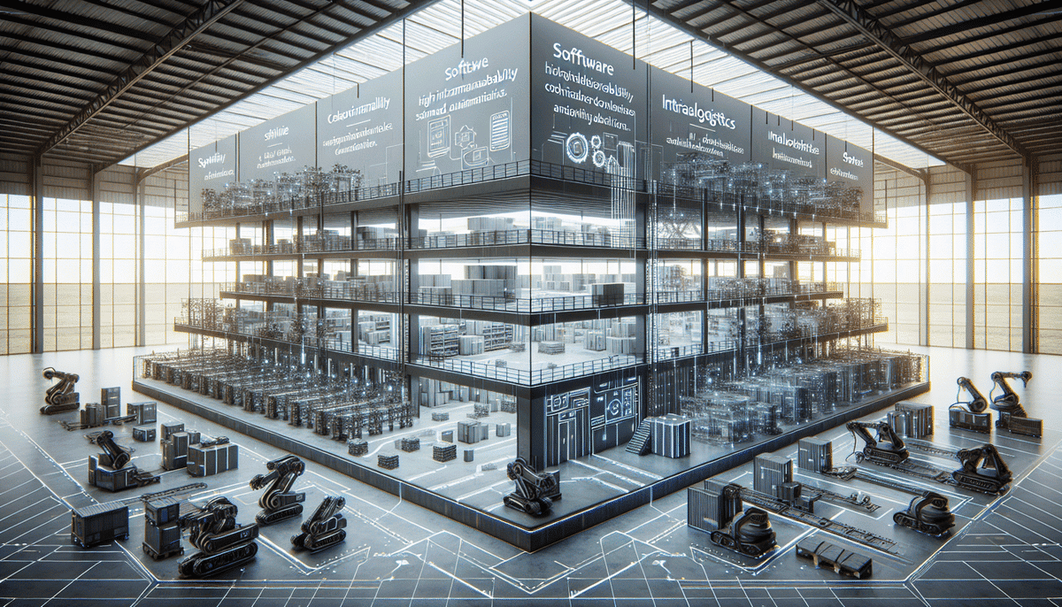 Dematic vs Swisslog A futuristic warehouse with multiple levels, featuring Dematic robotic arms and Swisslog conveyor belts. Transparent walls display digital information about software, virtual logistics, and collaboration. This high-tech and organized environment showcases a seamless blend of advanced systems.