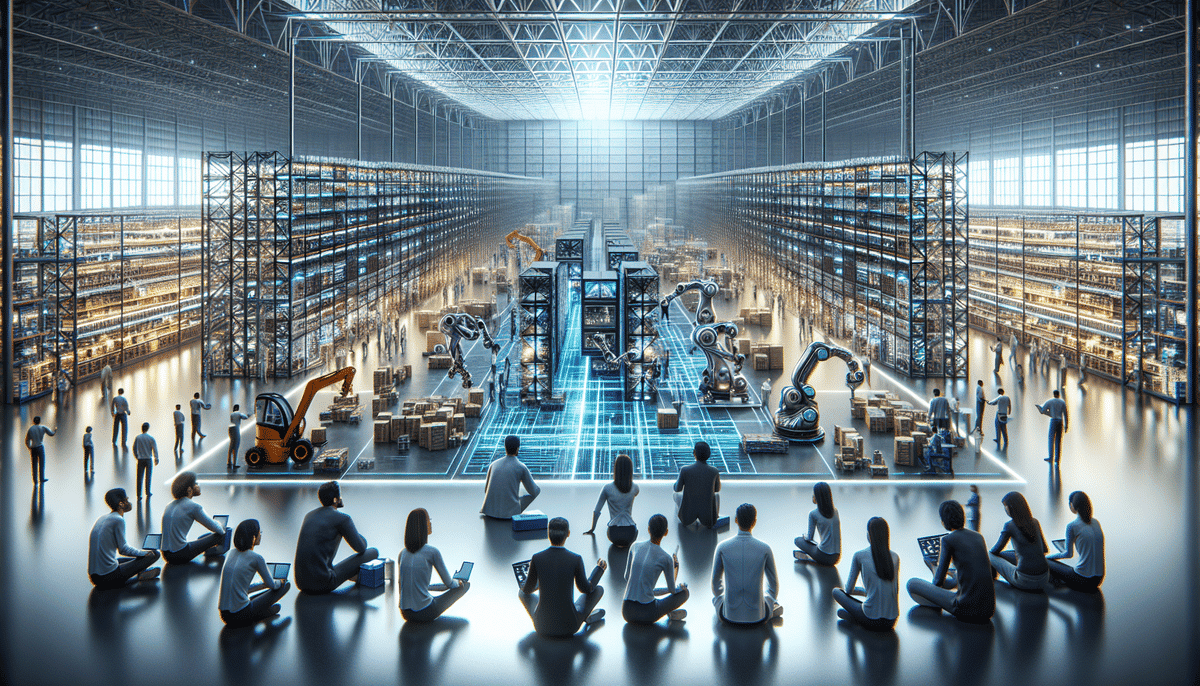 Knapp vs Swisslog A high-tech warehouse with automated Swisslog robotic arms sorting packages. People sit in the foreground observing and taking notes. The scene is illuminated by bright overhead lights, highlighting rows of shelves filled with boxes.